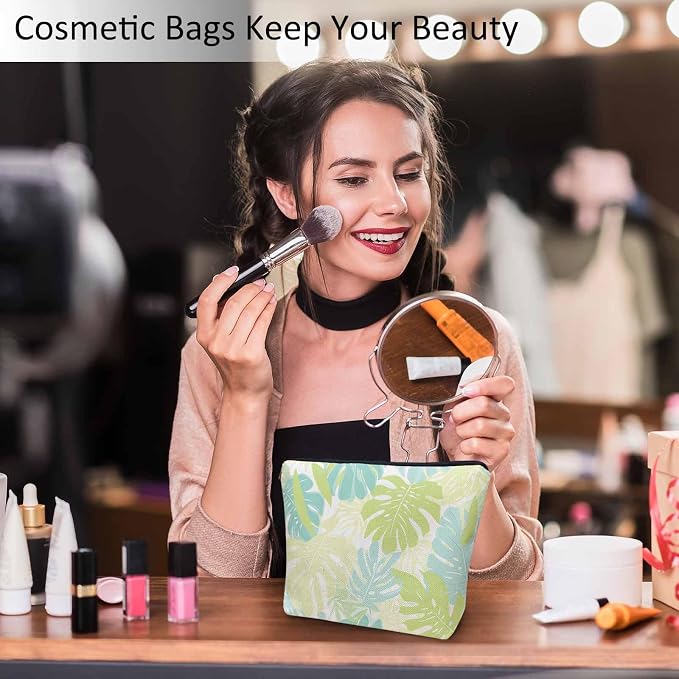 Palm Leaves Makeup Organizer Bag Cosmetic Bag For Men Women, Tropical Beach Palm Leaf Floral Travel Toiletry Bag Flax Makeup Bags Purse Business Makeup Pouch For Toiletries Cosmetics Green - Image 2