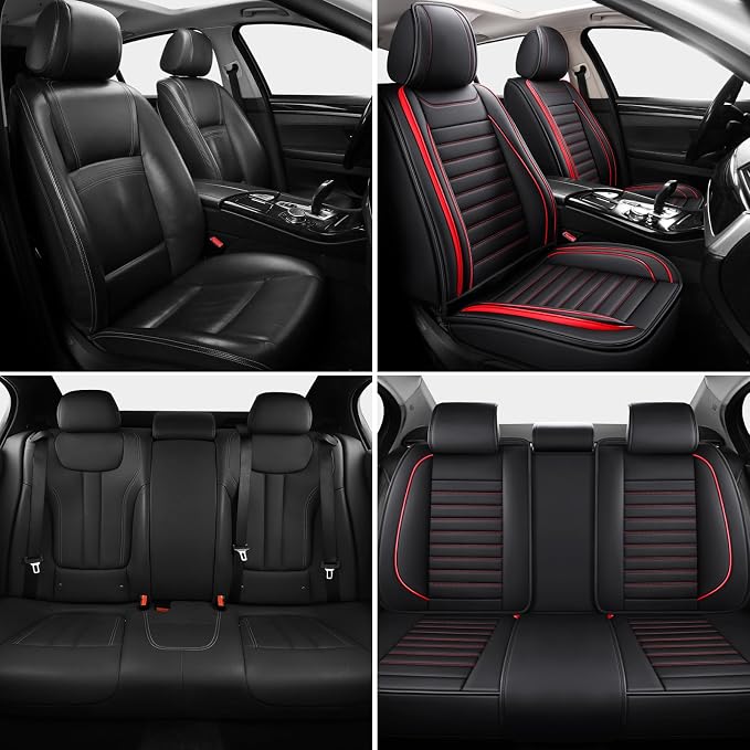 MINGBRON Leather Car Seat Covers Full Set, Universal Faux Leather Car Seat Covers 5 Seats, Automotive Seat Covers for Most Sedans SUVs Trucks, Front and Rear Seat Covers,Wine Red - Image 3