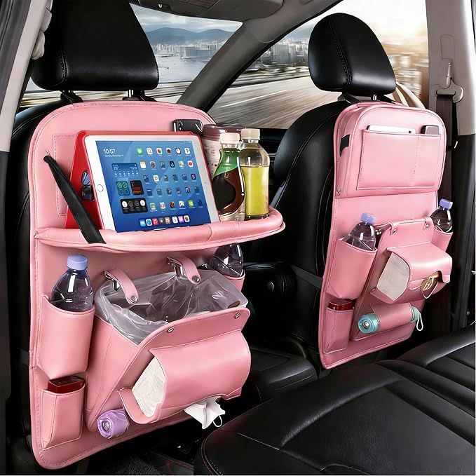 Car Seat Organizer, Multifunctional Backseat Protector Mat, Storage Bag and Tray Rack, Trash Storage (Suitable for Cars, Children, Back of Seats, and Rear Seats) (Pink, Leather 1-Piece Set) by QIANKUNCaraccessories