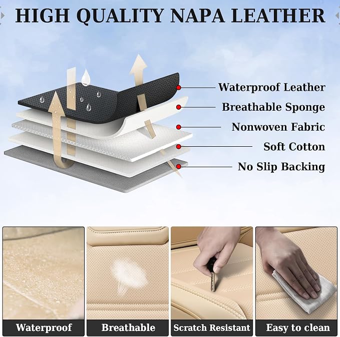 Coverado Car Seat Covers, Front Covers for Cars, Car Seat Cover Front Seats, Car Seat Protector Waterproof, Leather Car Seat Cushion, Universal Interior Covers Seat Protectors for Most Cars Beige - Image 7