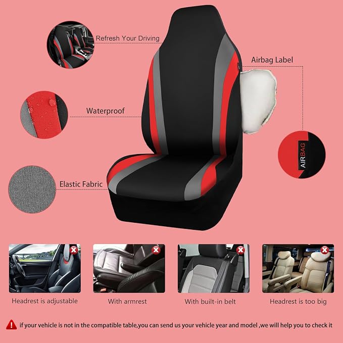 CAR PASS AquaShield Neoprene Waterproof Car Seat Covers Front Seats Only, High Back Bucket Seat Covers,Airbag Compatible,Seat Covers for Women Girl, Universal Fit for Auto Truck Van SUV (Black Red) - Image 3