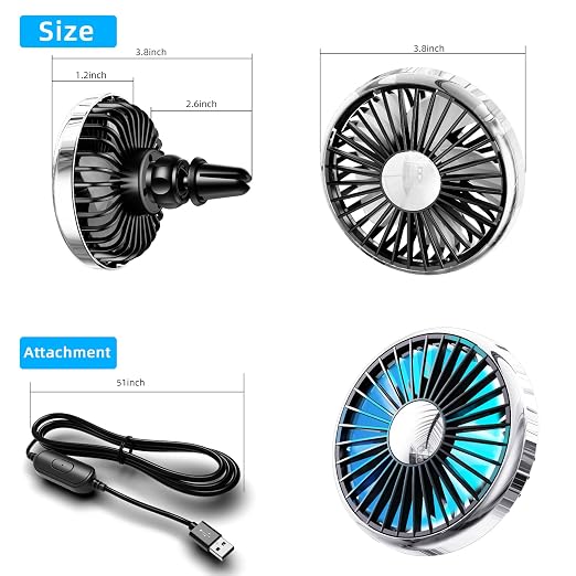 USB Car Fan for Air Vent, 360°Rotatable Clip On Cooling Fan with LED Light, Portable Vehicle Fan for Backseat, Truck, SUV, RV, Quiet Car Vent Fan for Summer Travel, Car Seat Cooling Fan,Silver - Image 7