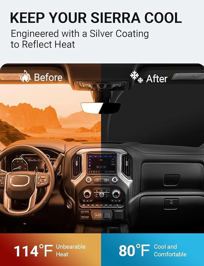 Proadsy Custom Fit 2019-2026 GMC Sierra Windshield Sun Shade, Blocks Heat | 240T Heat Shield, Drops Temp 54°F, Blocks 99% UV, Prevents Dashboard Cracking, Summer Parking & Beach Trips, Easy Twist-Fold - Image 3