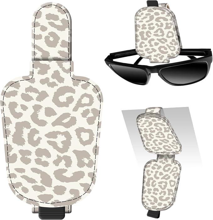 Leather Magnetic Sunglass Holder for Car Sun Visor, Cute Eyeglass Ticket Card Hanger Clip, Universal Auto Interior Accessories for SUV Pickup Truck Beige Leopard Print by Unknown