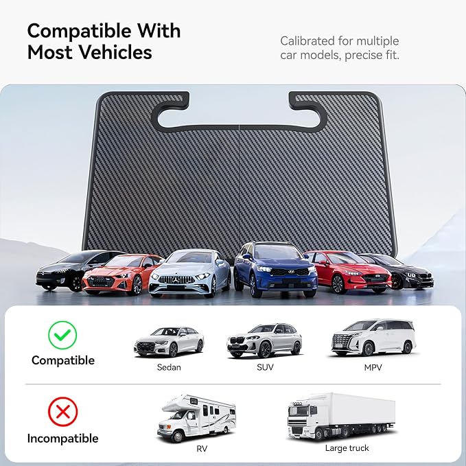 YONZEE 2-in-1 Car Steering Wheel Desk Tray & Car Seat Gap Filler Organizer – Foldable Carbon Fiber Look Table for Laptop, Eating Food, Writing – for Standard Round Steering Wheels - Image 9