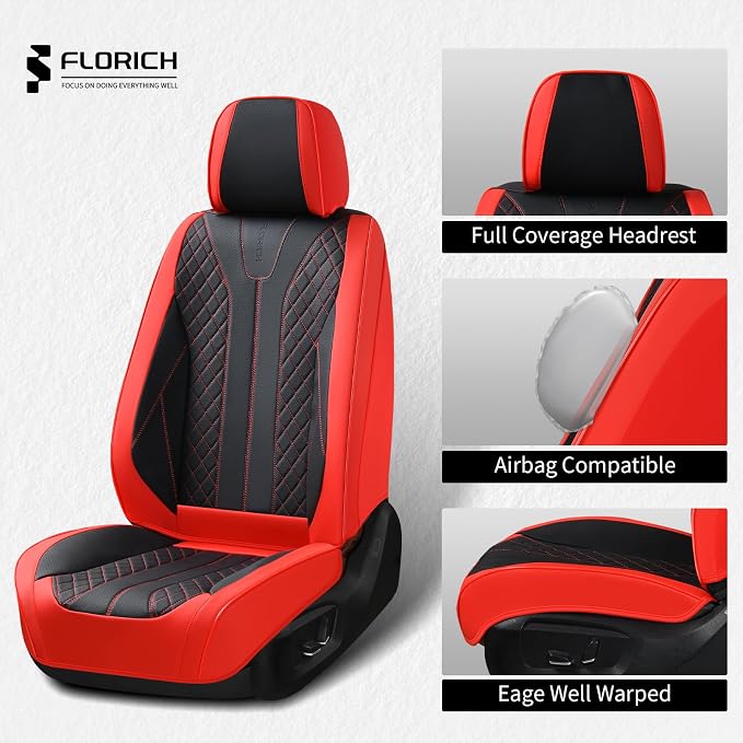 FLORICH Car Seat Covers Front Seats Luxury Faux Leather Waterproof Seat Covers Car Seat Protector Automotive Seat Covers Cushion Universal Fit for Most Cars SUV Trucks, Black&Red - Image 3