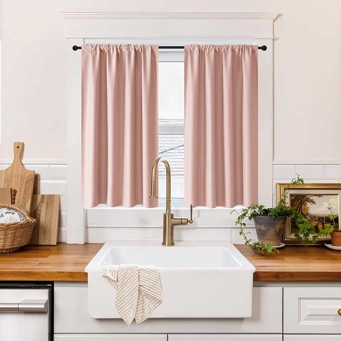 RYB HOME 100% Blackout Short Curtains for Small Window, Thermal Insulated | Total Room Darkening, Noise Reducing, Curtains for Kitchen Bathroom Basement, W42 x L45, Peach Pink, 2 Panels by RYBHOME