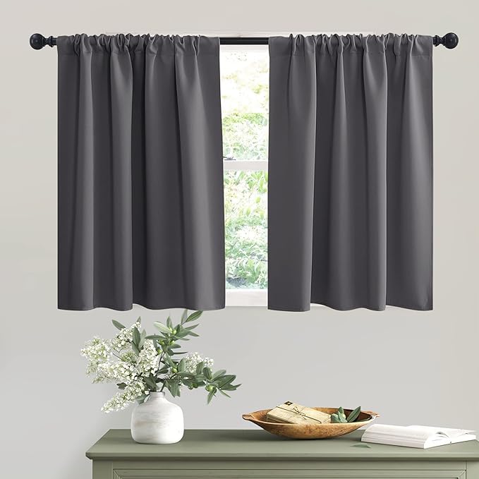 RYB HOME Short Grey Blackout Curtains for Small Bedroom Kitchen Cafe Window | Thermal Insulating, UV Blocking, Privacy Protection, Drapes/Tiers for Basement Garage Bathroom, W42 x L36, 2 Panels by RYBHOME
