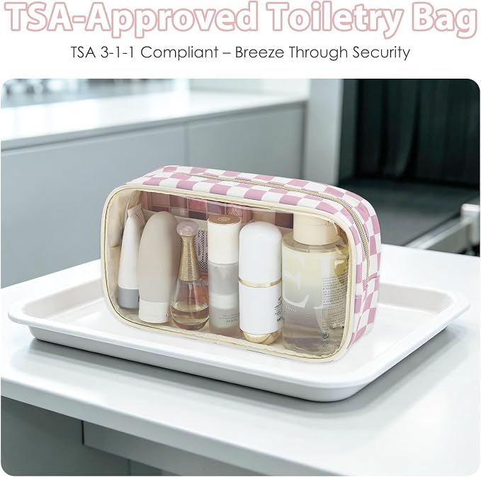 Fammart Clear Travel Makeup Bag for Women, TSA Approved Checkered Cosmetic Bag Make Up Car Organizer Case with Zipper, Large Waterproof Pouch Purse Toiletry Bag for Skincare, Brushes Travel Essentials - Image 2
