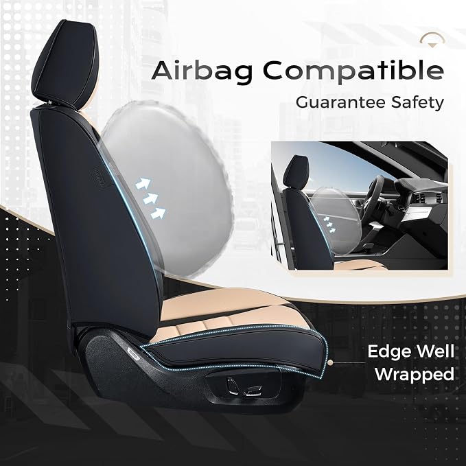 Coverado Car Seat Covers Front, Seat Covers for Cars, Waterproof 2-Pack Car Seat Cushions, Leather Carseat Seat Protectors, Universal Seat Covers Fit for Most Sedans SUV Pick-up Trucks(Black&Beige) - Image 6