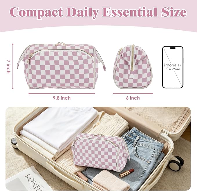 Fammart Travel Makeup Bag for Women, Waterproof Checkered Cosmetic Cosmetic Bag Make Up Organizer Case, Large Wide-open Toiletry Bag for Skincare, Brushes, Bathroom & Travel Essentials - Image 6