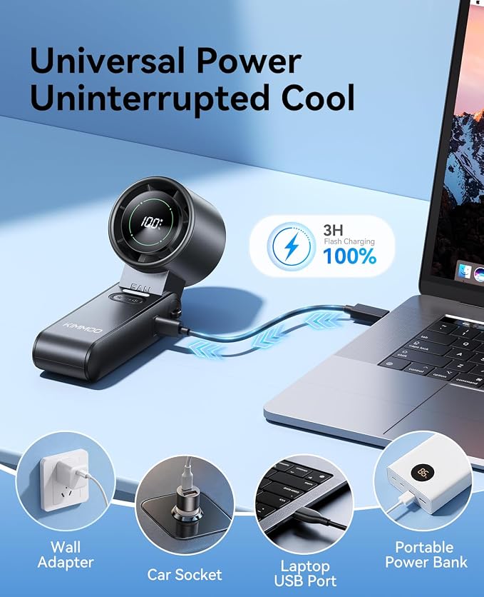 KIMMOO 3-in-1 Portable Handheld Turbo Fan-100 Speeds,Powerful 20000 RPM, 12Hrs Cooling, LED Display, 120° Rotation, USB Rechargeable Mini Hand Held Personal Fan for Travel Makeup Outdoor Indoor, Black - Image 8