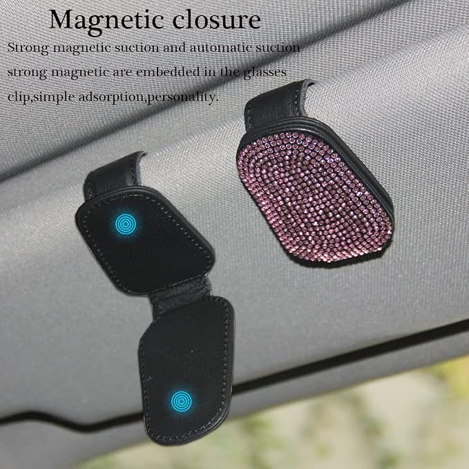 ACODABLEM Bling Car Glass Holder Sun Visor, Bling Crystal Rhinestone Sunglasses Magnetic Holder Mount Universal Eyeglasses Hanger Clip, Ticket Card Clip for Car, Car Sun Visor Accessories (Pink) - Image 3