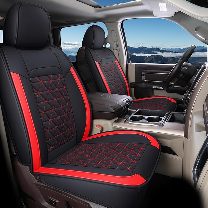 Coverado Seat Covers Full Set, Waterproof RAM 1500 Seat Cover Compatible with 2002-2026 Dodge RAM 1500 2500 3500 Truck Pickup Crew Double Mega Quad Cab with Flat Bench, Red by COVERADOAUTO