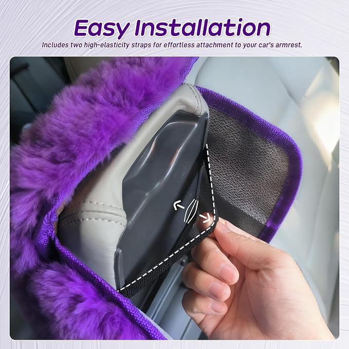 Fluffy Car Armrest Cover with Side Pockets – Plush Fuzzy Fur Center Console Armrest Cushion Pad, Universal Winter Car Interior Protector, Soft Arm Rest Cover with Storage for Women & Men (PURPLE) - Image 5