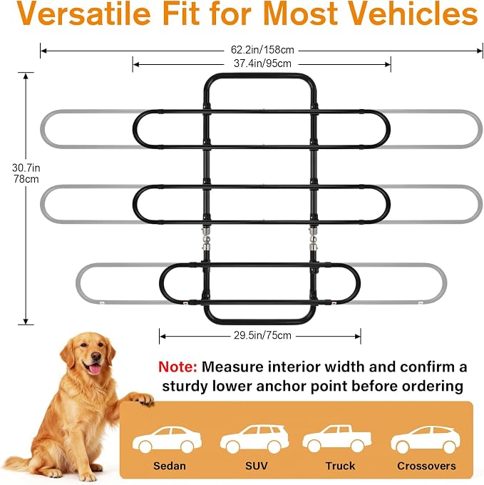 JoyBlooms Dog Car Barrier for SUV, Heavy-Duty Metal, Adjustable 37-62 in | Car Divider for Dogs, Pet Barrier for Car, Adjustable Lower Sections, Independent Seat Movement, Seat Rails Required - Image 6