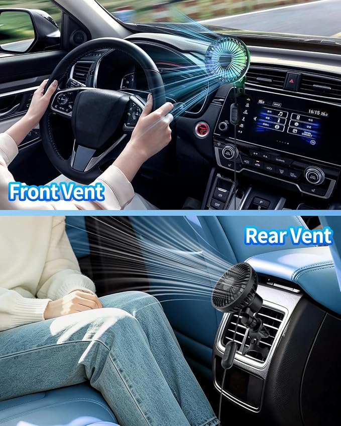 Car Fan, Portable Cooling Fan with Adjustable 3 Speed Wind and 5 RGB Light, Rotatable 360° Automatic Oscillating,Quiet operation, USB Powered, Air Circulation for Vehicle, Van, Truck, SUV - Image 7