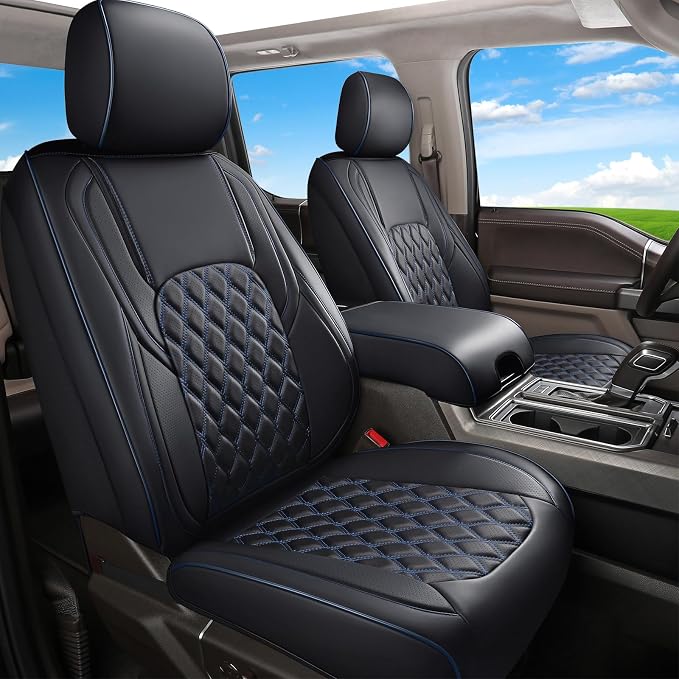 Huidasource Ford F150 Front Seat Covers, Full Coverage Faux Leather Pickup Seat Protector Fit for 2015-2026 Ford F150 SuperCrew & 2017-2026 F250 F350 F450 Super Duty Crew Cab (Front Pair/Black&Blue) by Huidasource