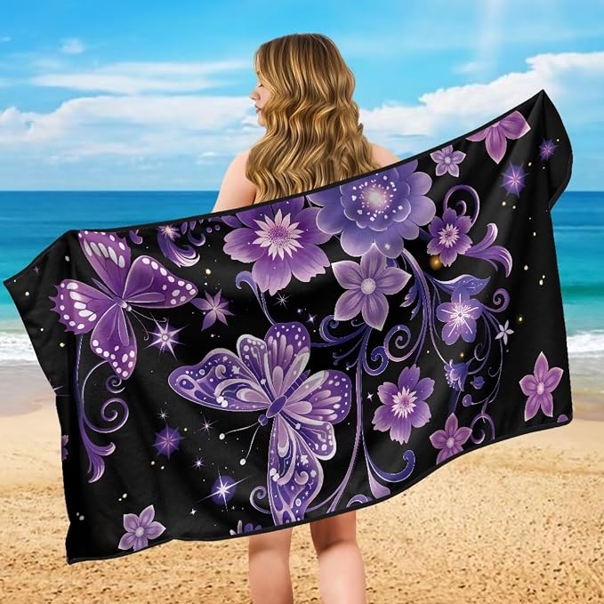 Purple Butterfly Flower Car Seat Towel with Storage Bag Sweat Car Seat Cover Protector Butterfly Print Auto Interior Accessories Driver Seat Cushion Cover Towel for Yoga Swimming After Gym - Image 5