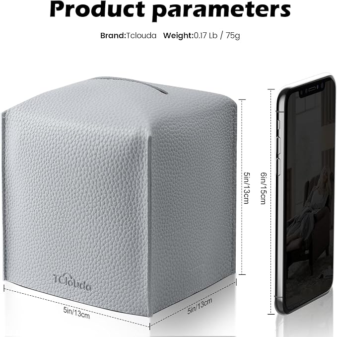 Tissue Box Cover, Tclouda, Modern PU Leather Square Tissue Box Holder for Creative Decorative, 2 Pack, Ideal for Bathrooms/Office/Car/Nightstand/Outdoor Tent/Dining Table, 5"X5"X5", Double Gray - Image 2