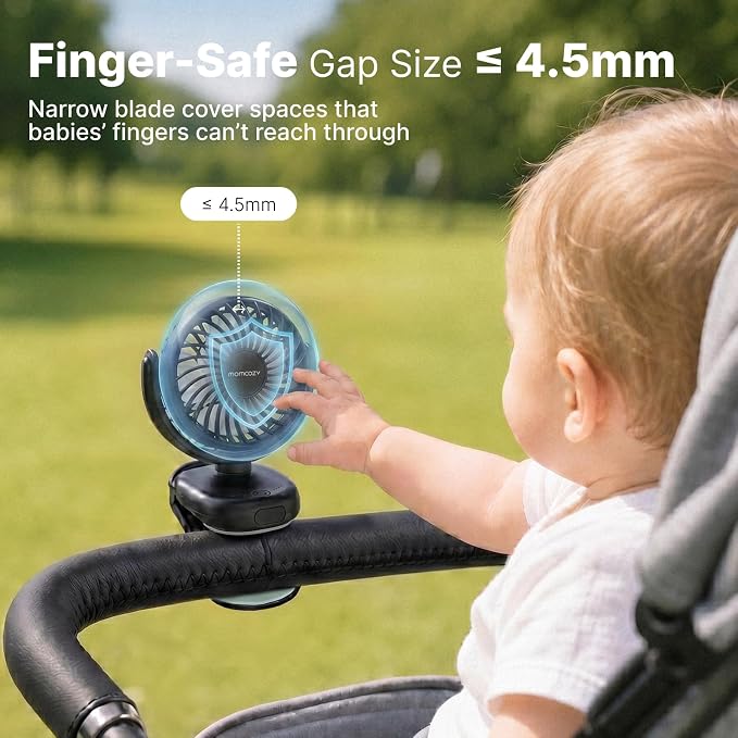 Momcozy Portable Stroller Fan with Clip, 4-Speed Mini Cooling Fan, 0.26 Lb | Ultra-Light Rechargeable Design, Gaps ≤ 4.5 mm, Rotating Handheld Cooling for Carriers, Backpacks and Tables - Image 6