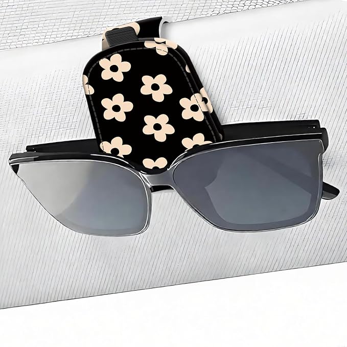 Leather Magnetic Sunglass Holder for Car Sun Visor, Cute Eyeglass Ticket Card Hanger Clip, Universal Auto Interior Accessories for SUV Pickup Truck, Black Daisy by Unknown