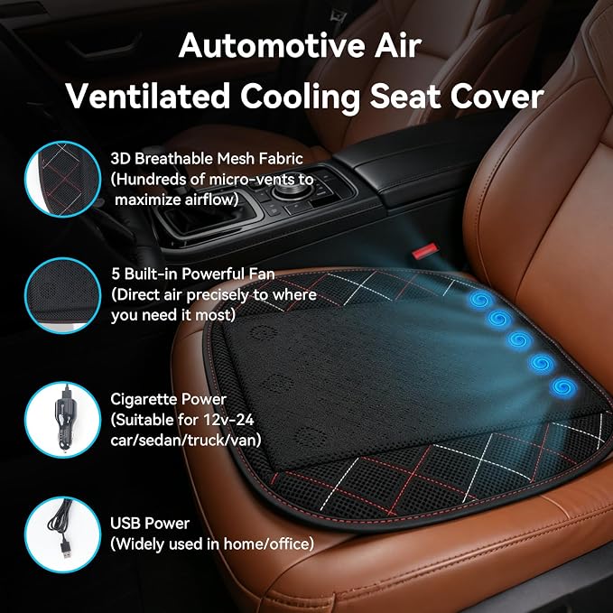 Cooling Car Seat Cover, Black Automotive Air Ventilated Cooling Seat Cover with 3 Adjustable Speeds for Summer Driving, Comfortable Cooling Car Seat Cushion for Car SUV Truck Van, Home & Office Chair - Image 3