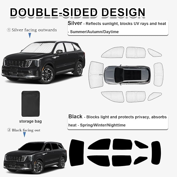 KMF 8pcs Thicken Full Sun Shades for Kia Sorento 2021-2025 2026 Accessories,Car Window Covers Sunshade for Windshield Side Rear, Sun Visor UV Block and Privacy Blackout for Camping Outdoor - Image 4