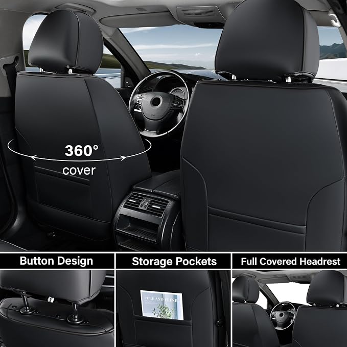 Coverado Seat Covers, Car Seat Covers Front Seats, Waterproof Nappa Leather Auto Seat Cover with Lumbar Head Pillow, Black Seat Covers Carseat Cover Universal Fit for Most Cars - Image 3