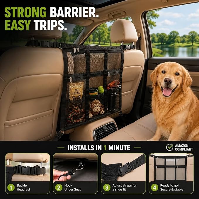 Dog Car Barrier 2026 Upgrade, Double Layer Mesh Dog Net for Car Divider with Storage Organizer, Universal Fit for SUVs, Sedans & Trucks, Easy to Install & Breathable Vehicle Travel Fence - Image 2