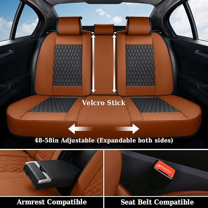 Coverado Car Seat Covers Full Set, Nappa Leather Seat Covers for Car, Waterproof Car Seat Protector with Lumbar Support, Automotive Seat Covers Universal Fit for Most Cars SUV Trucks (Brown-Black) - Image 5