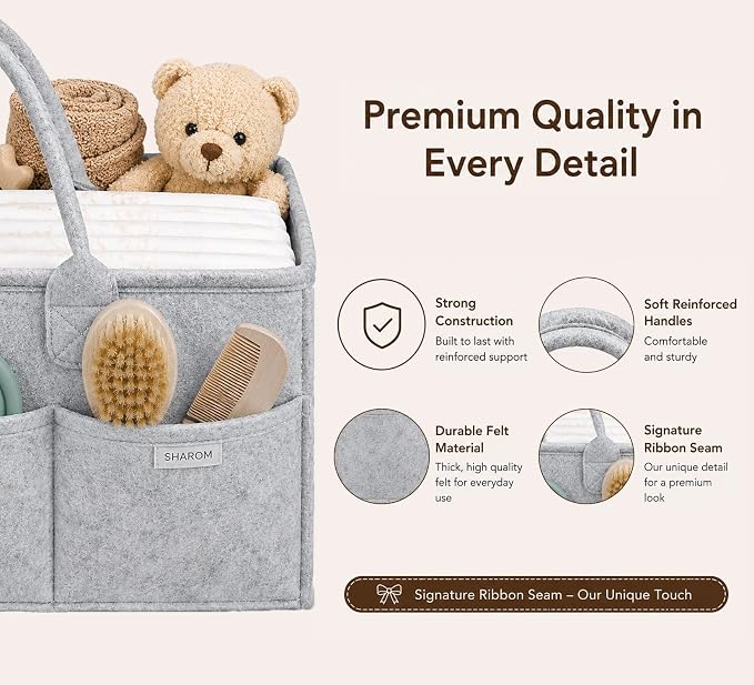 SHAROM Diaper Caddy Organizer for Baby, Portable Diaper Caddy Basket, Felt Baby Diaper Caddy & Baby Caddy Organizer, Caddy for Baby Stuff, Diaper Organizer for Changing Table, Car & Nursery, Gray - Image 3