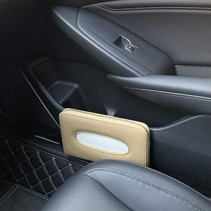 Car Tissue Holder, Sun Visor Tissue Holder, Car Visor Napkin Holder, PU Leather Backseat Tissue Case Holder for Auto Vehicle with Zipper (Beige) - Image 4