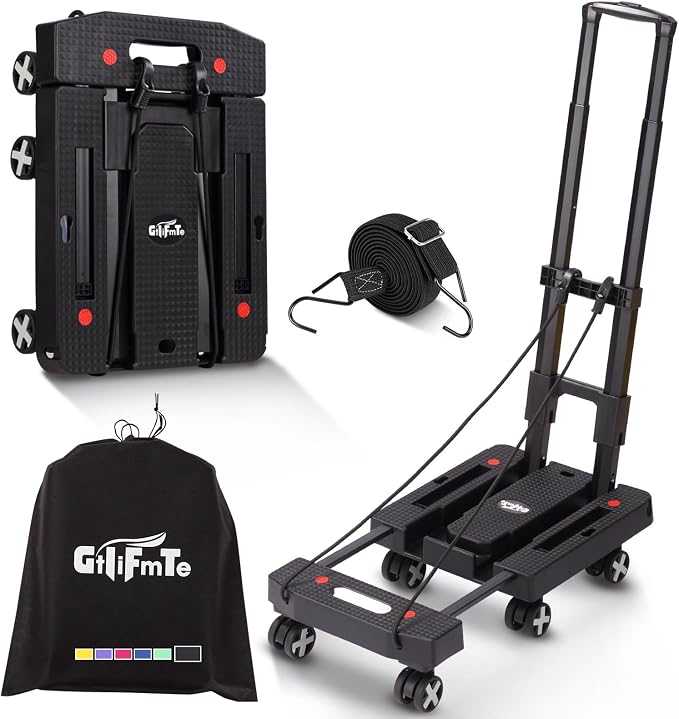 GtIiFmTe Foldable Hand Truck, Lightweight Luggage Cart for Airport Car Seat | Compact Folding dolly with Rotating swivel wheel,storage size12×15.7×4.1",300lbs Load,Upright Lock Handle with 3bungee cords by GtIiFmTe