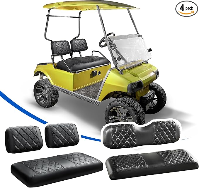 NOKINS Golf Cart Seat Covers 4 Piece Fits Club Car DS Pre-2000 | Front and Rear Seat Vinyl Covers, Golf Cart Accessories, No Staples(Black&Black Stitching) by NOKINS-GolfCartPartsFactory