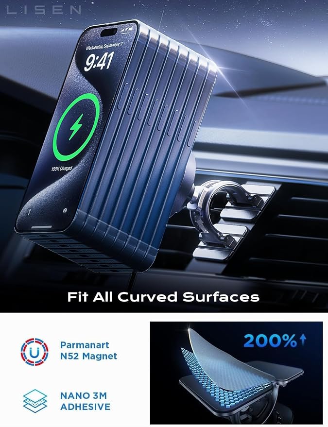LISEN 15W MagSafe Car Mount Charger, Magnetic Phone Holders for Your Car | [Dual Mounting Type for 99% Vehicles] Magsafe Car Mount,15W Magnetic Wireless Car Charger Car Accessories for iPhone 17-12 - Image 6