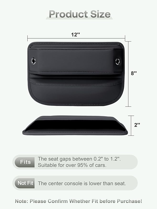 Premium Leather Car Seat Gap Filler Organizer (0.2”-1.2" Gaps), Clever Gifts for Car SUV Truck Owners (Black, 2 Pack) - Image 5