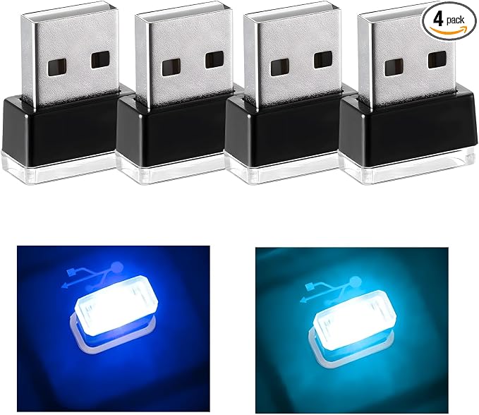 4 PCS USB LED Car Interior Atmosphere Lamp, Mini Night Light Plug-In Trunk Ambient Lighting Kit, Portable USB Interface LED Lamp Interior Decoration for Vehicle Home Office (Blue+Ice Blue) by RDXCV