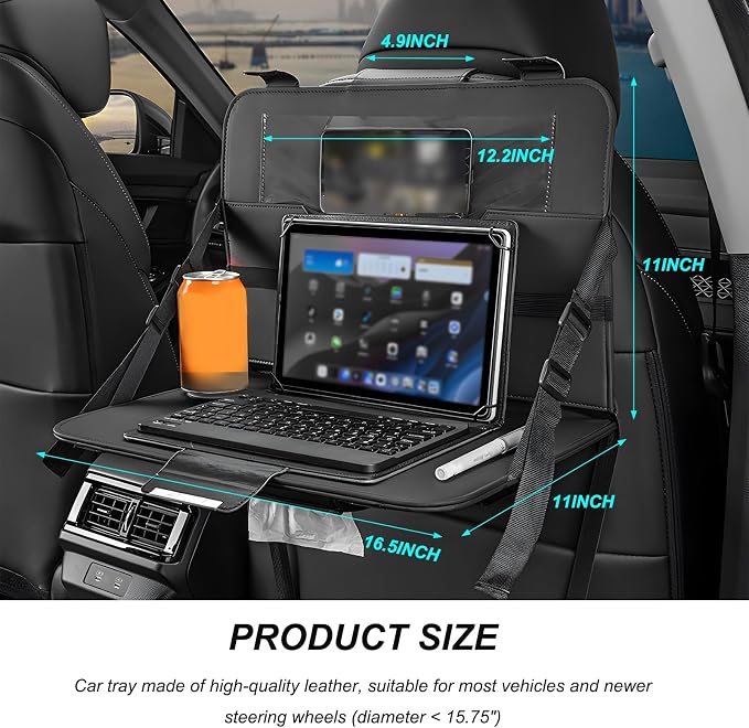 Car Steering Wheel Tray, Foldable Car Laptop Desk Eating Food Tray with Transparent Holder & Tissue Box, Adjustable Back Seat Headrest Table for in-Car Dining Working Studying (Black) - Image 2