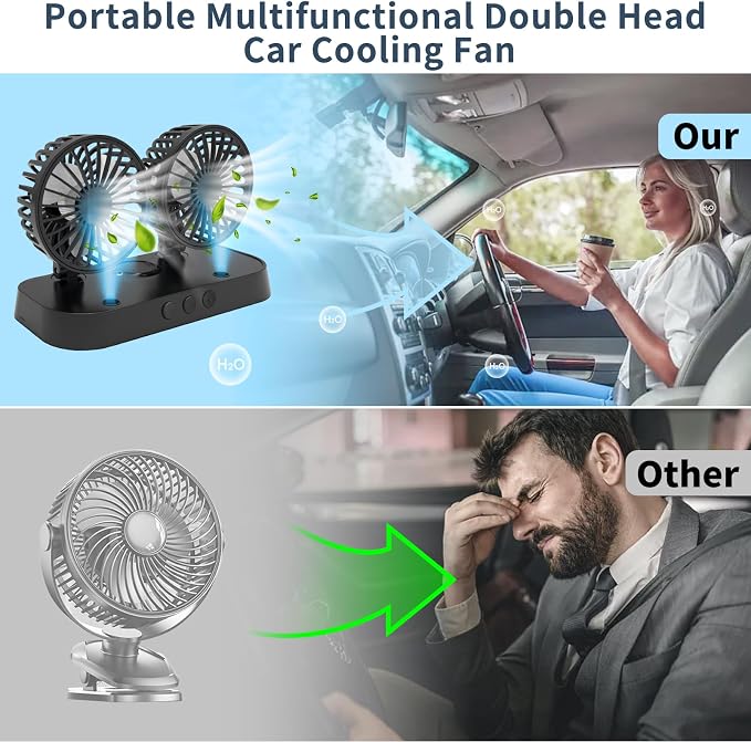Car Fan, Portable USB Powered Dual Head Cooling Fan for Car, 360° Rotatable & 2 Speeds Adjustable & Mist Function, Powerful Air Circulation for Vehicle Truck SUV Jeep RV Boat, 12V - Image 5