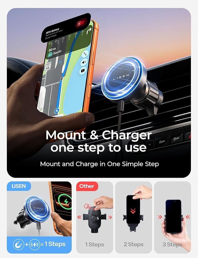 LISEN 15W MagSafe Car Mount Charger, Magnetic Phone Holders for Your Car | [Dual Mounting Type for 99% Vehicles] Magsafe Car Mount,15W Magnetic Wireless Car Charger Car Accessories for iPhone 17-12 - Image 3