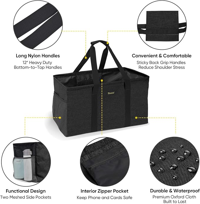 BALEINE Extra Large Utility Tote Bag with Reinforced Wire Frame, Reusable Grocery Bag for Shopping, Picnic (Black, 22''x12''x10'') - Image 5