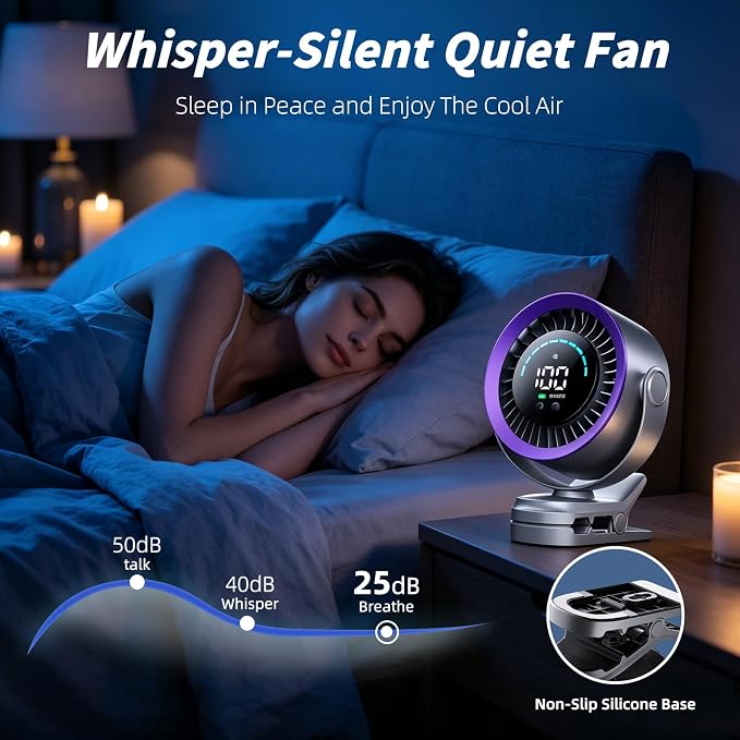 Portable Clip on Fan, Rechargeable USB Desk Fan with Turbo Airflow, 100 Speeds LED Display, 360° Rotation, Small Quiet Battery Powered Fan for Stroller Outdoor Travel Camping Golf Cart, Grey - Image 6