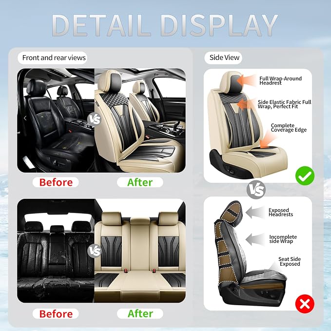 Fit Tundra Premium Leather Car Seat Covers for Toyota Tundra 2007-2025 2026 - Waterproof，Breathable，All-Weather Seat Cushion Protecto & Airbag Compatible, 2 Front Seat Beige&Black - Image 6