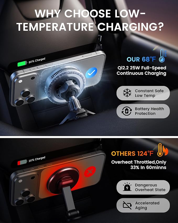 Qi2.2 25W Wireless Car Charger Magnetic Phone Holder Mount for Magsafe with Cooler for Air Vent (TEC), Wireless Fast Charger 25W for iPhone 16-17 Series with iOS 26,15W for iPhone 12-15 (Grey) - Image 4
