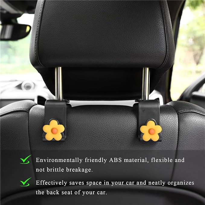 Yourkar 4 PCS Car Seat Headrest Hook, Plastic Headrest Hooks with Adhesive Flower, Auto Back Seat Hanger Storage Hook for Grocery Bag Purse Handbag Umbrella, Car Accessories (Dark Yellow) - Image 5