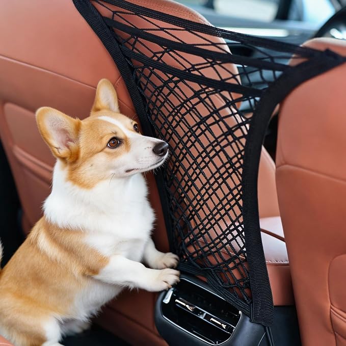 3-Layer Car Mesh Organizer - Backseat Storage & Pet Barrier for Small Dogs | 11"x8.3" net fits headrests or between seats. Holds bottles, umbrellas, tissues, toys. Keeps small dogs (<22lb) from front. - Image 2