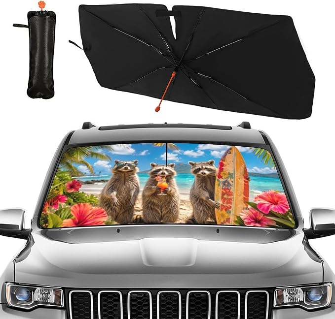 CHILL·TEK Funny Raccoon Car Windshield Sun Shade Umbrella Hawaiian Raccoon Car Sun Shade Umbrella Block UV Rays Heat Foldable Windshield Umbrella Sun Visor Protector - Keep Vehicle Cool for Cars SUV - Image 2