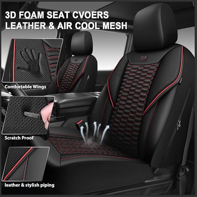 CAR PASS 3D Foam Mesh Leather Car Seat Covers Full Set,Breathable Mesh Faux Leather Seat Covers for Car,Universal Fit for SUV Truck Sedan Automotive, Armrest Airbag Compatible,Black and Red - Image 2