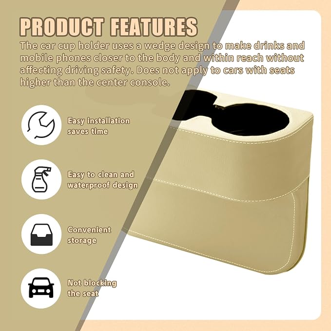 Car Cup Holder, PU Leather Auto Front Seat Organizer, Multifunctional Cup Drink Holders, Gap Filler Storage Box Coin Bucket Console Side Pocket Cell Mobile Phone Holder (Beige) - Image 5